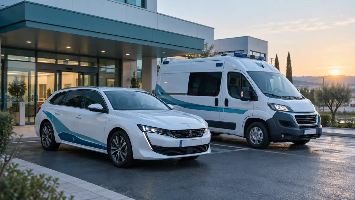 Ambulance et véhicule sanitaire léger devant une clinique