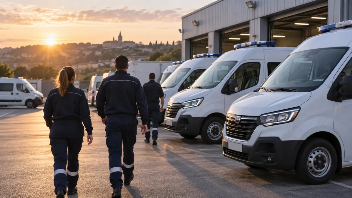 Flotte d’ambulances dans un dépôt professionnel